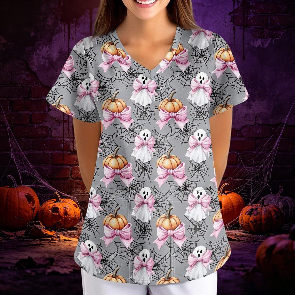 Women Halloween Print Loose Fit V Neck Short Sleeve Scrub Top with Pockets for Healthcare Professionals Comfortable Workwear