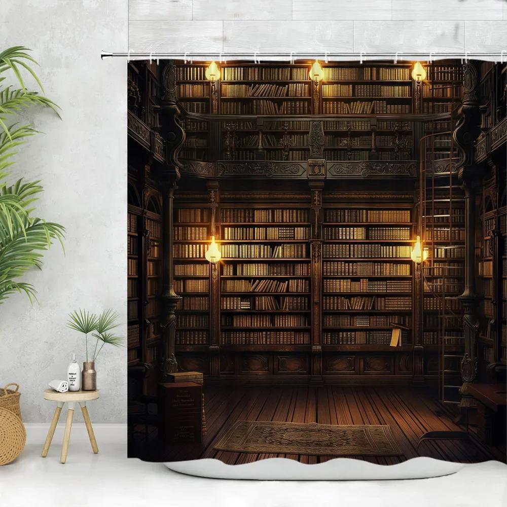 Vintage Library Shower Curtain Old Book Bookshelf Candle Magic Wooden Antique Polyester Fabric Bathroom Decora Curtain Washable