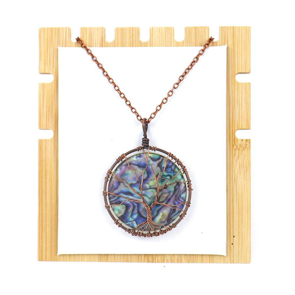 Synthetic Abalone Shell Tree Of Life Disc Pendant Necklace Fortune Tree Silk Round Necklace N616