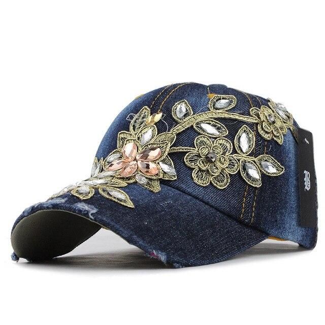 Flower Rhinestone Denim Baseball Cap 
