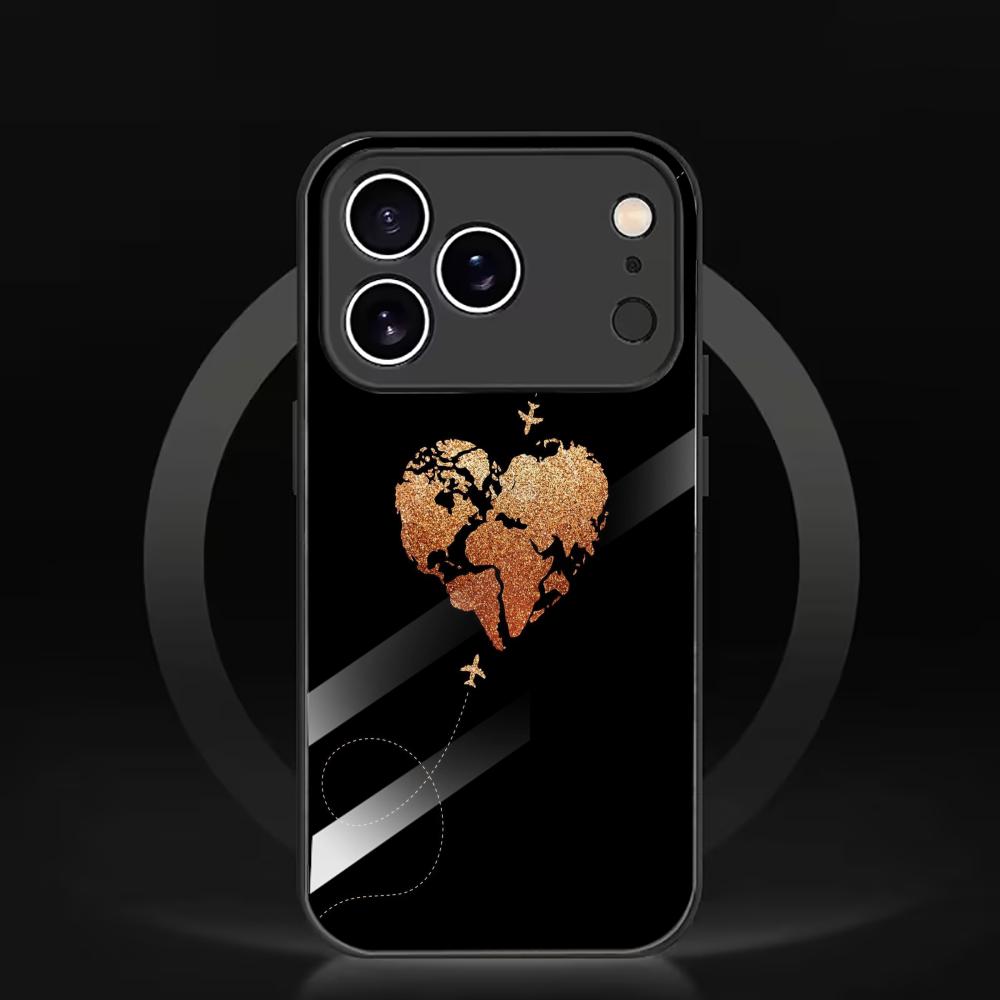 Glitter World Map Heart mobile phones Glass phone case for iphone 17 pro max cover for iPhone 17 16 15 14 13 12 11pm Pro Plus