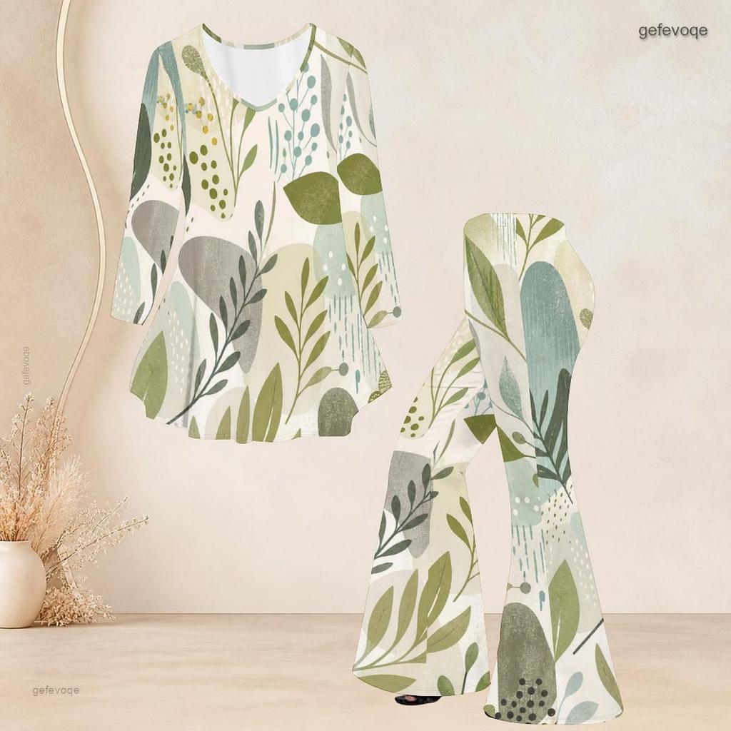 Women Plus Size Printed Round Neck Three Quarter Sleeve Flared Top And Flared Pants Two Piece Set