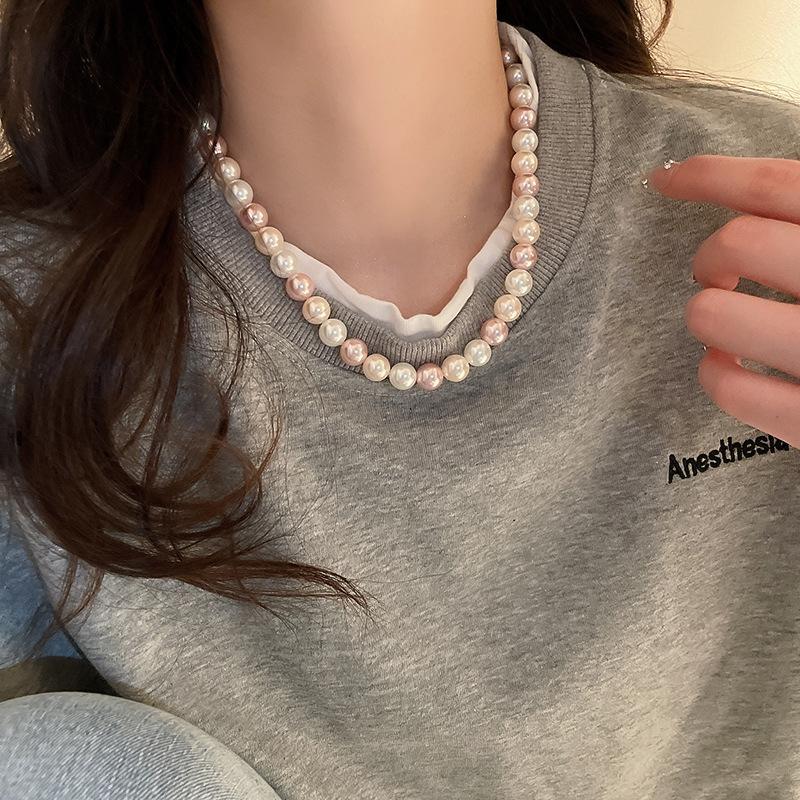 French Long Stacked Colored Pearl Necklace, Simple Temperament Collarbone Chain, Retro Necklace for Women