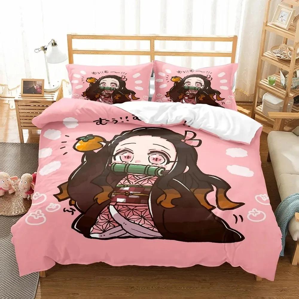 3D Anime Demon Slayer Duvet Cover Sets with Pillow Cover Polyester Teens Kids Bedding Set Full Queen King Size Cartoon Bed Linen