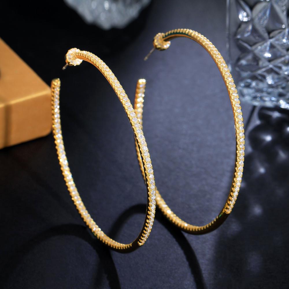 Exaggerated Big Size Shiny Luxury Cubic Zirconia Inlaid Statement Round Oversized Hoop Earrings Gold Plated Jewelry for Women