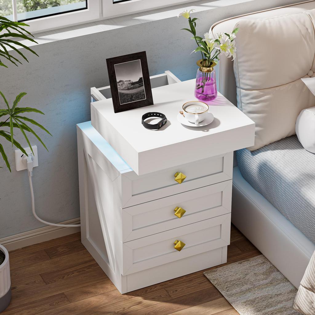 Bedside table, three drawers, with charging station, 2 AC power outlets/2 USB ports, European standard plug, white.
