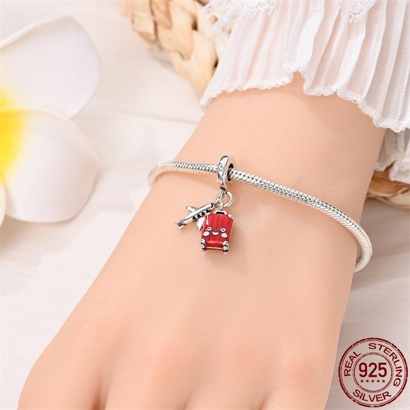 Copper Travel Series-Beach Ocean Suitcase Charms Fit Original 3Mm Pan Bracelet For Women Birthday Fine Jewelry Gift