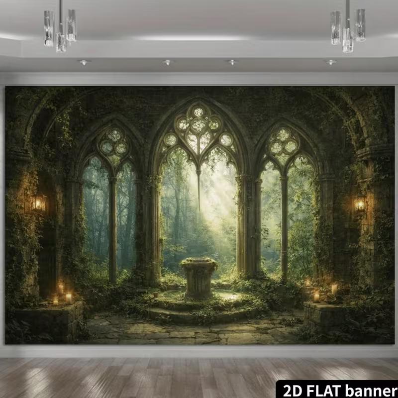 2D Magical Sunlit Forest Ruins Party Backdrop with Stone Arches and Altar