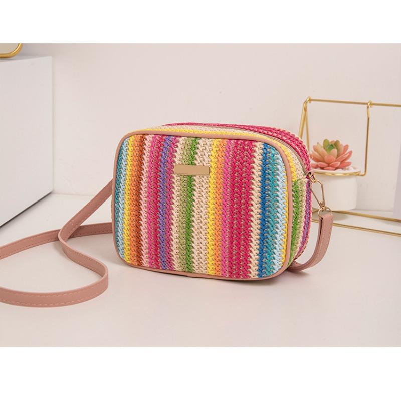 

New striped zipper wide shoulder strap woven straw bag fashionable and simple shoulder messenger bag красный