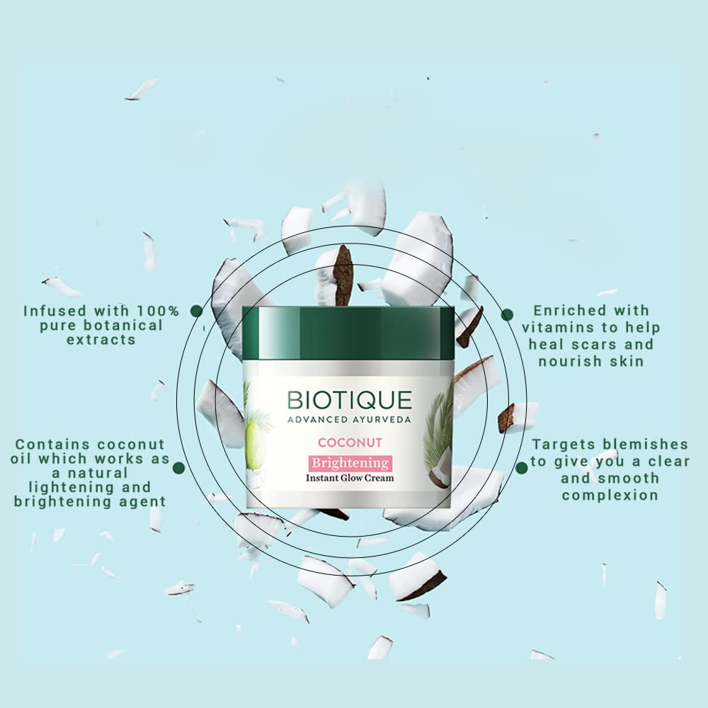 Biotique Coconut Brightening Glow Cream 50g | Natural Radiance Face Moisturizer | Lightweight Non-Greasy Formula | Dark Spot Reduction
