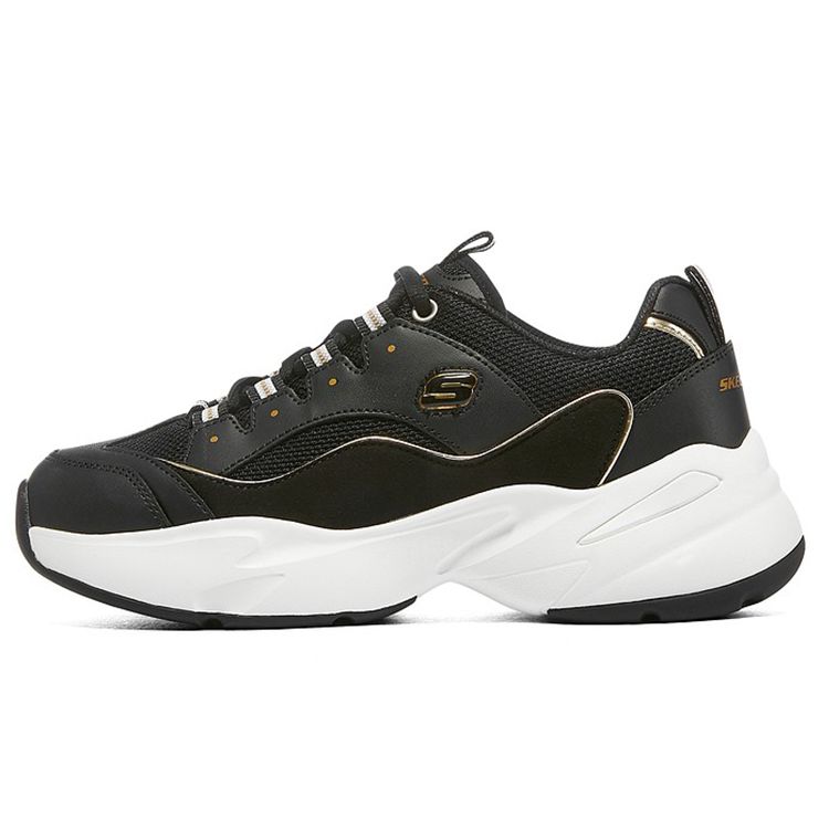 Skechers DLites Lace-Up Shock Absorbing Durable Breathable Low-Top Running Shoes Women sneaker Black Gold 8730056-BKGD 36
