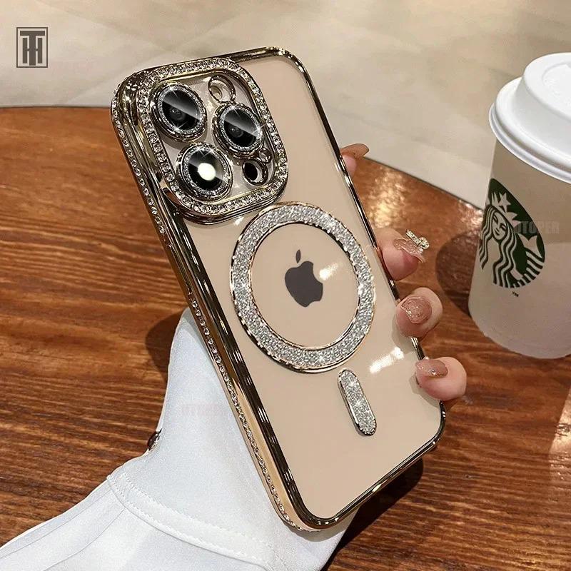 Apple 16 Pro Max MagSafe iPhone 15 Pouzdro s kamínky a třpytkami s krytem objektivu 16E, Sada 11 kusů
