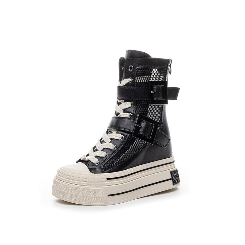 Damen Schuhe mit innerer Erhöhung 12cm 2025 Sommer neue dicksohlige coole Stiefel Gürtelschnalle dicksohlige Mesh-Stiefel atmungsaktive High Heels