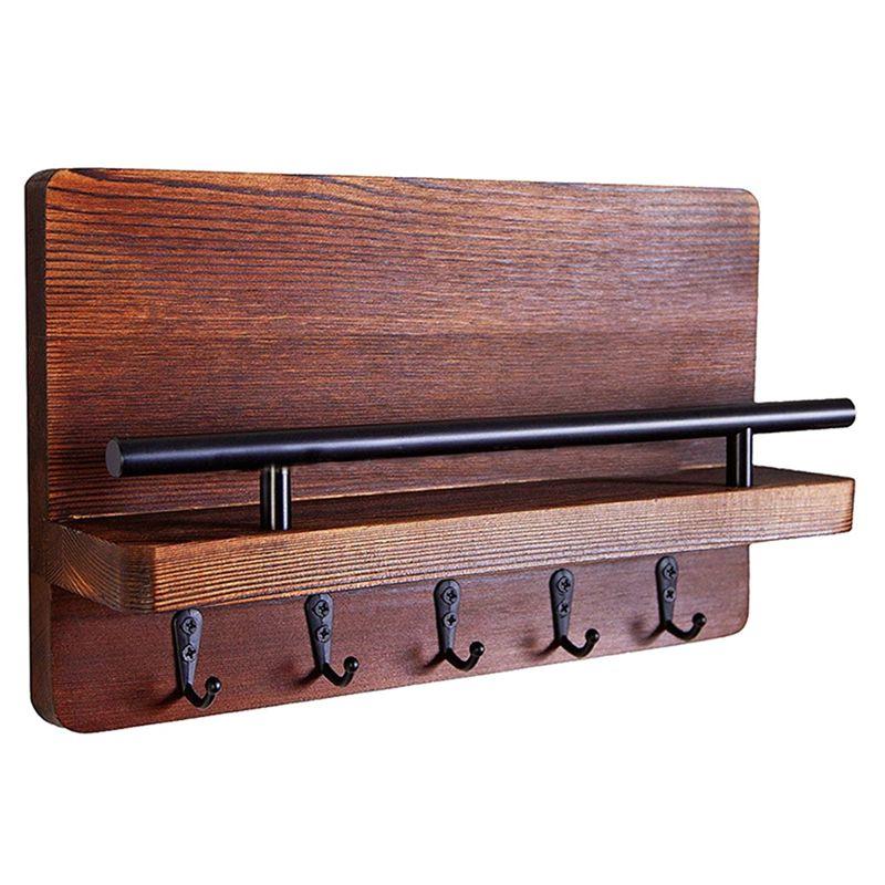 AEE2-Key Holder Pine Key Holder For Wall With Shelf,Wood Wall Shelf With Hooks,Mail Organizer For Wall Mount