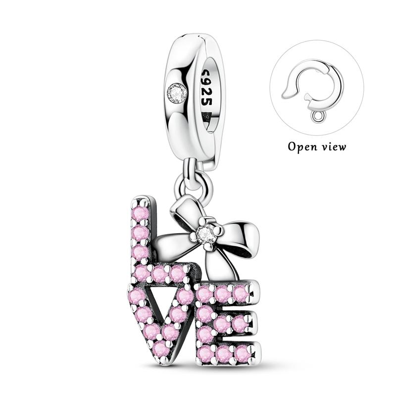 925 Silver Charms Bead CZ Zircon Love Mom Pink Heart Dangle Fit DIY Bracelet Women Mother's Day Jewelry Gift