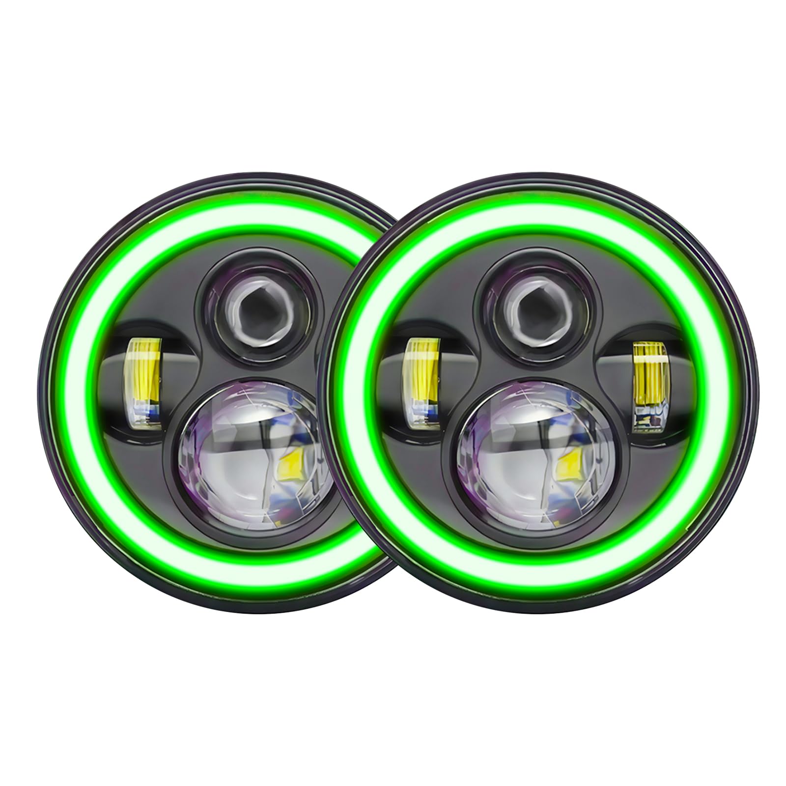 

LED Headlights,2pcs 7 Car Motorcycle LED Headlight with DRL/Turn Signal/Low Beam/High Beam Red Angle 2pcs & green light чёрный