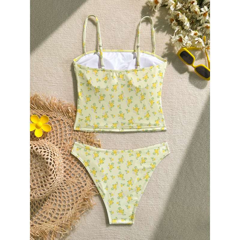 Europäischer und amerikanischer floraler Bikini Badeanzug Damen Träger Taille Schlankes Röhrenoberteil Träger Badeanzug Urlaubsstrand Badeanzug