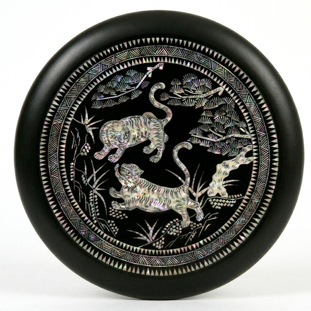 [Premium Gift] MU:DS Traditional Korean Mother-of-Pearl Compact Mirror (80mm) - "Tiger" Motif Vintage Pocket Makeup Mirror