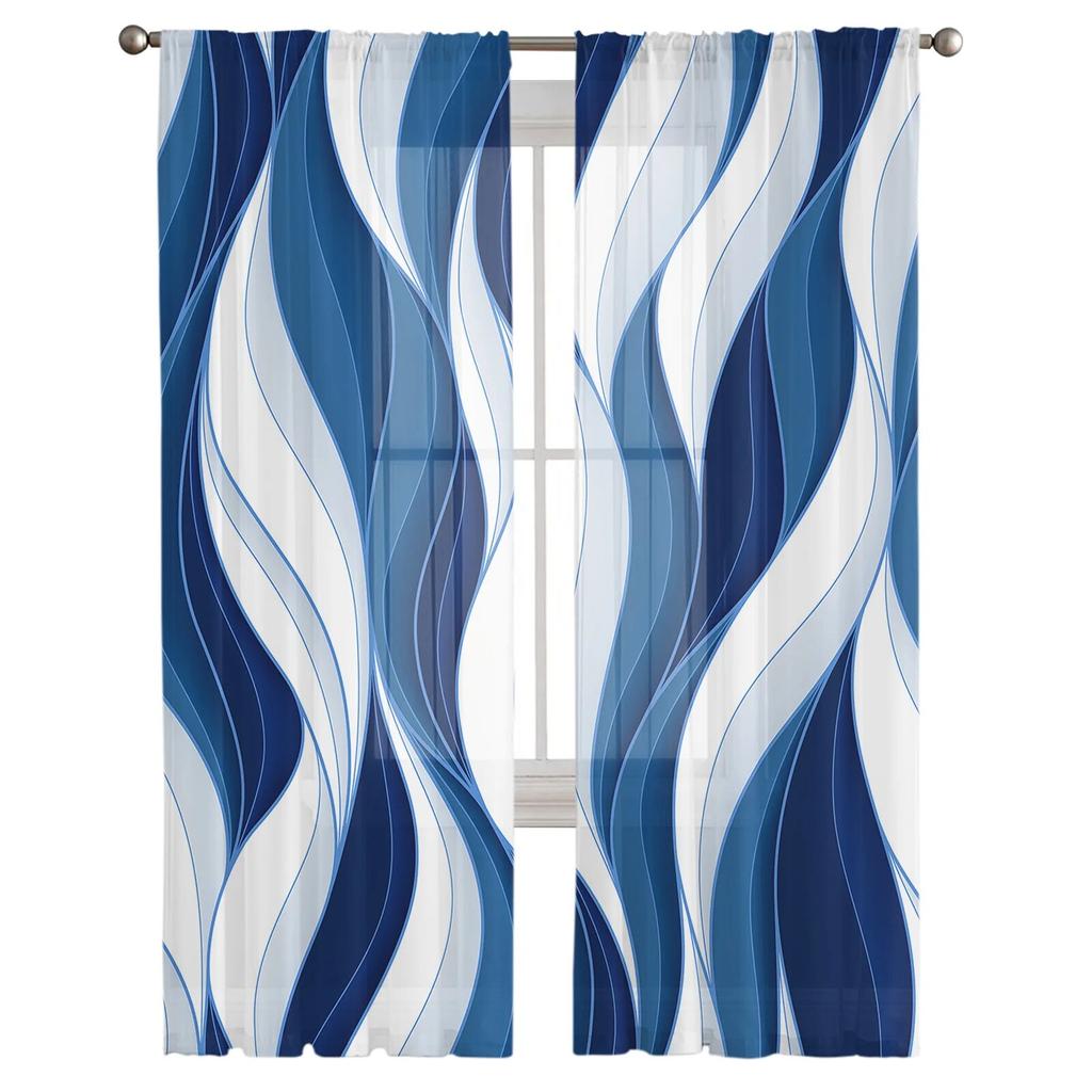 Dark Blue Ripples Lines Sheer Voile Curtains for Bedroom Window Holiday Decoration Transparent Tulle