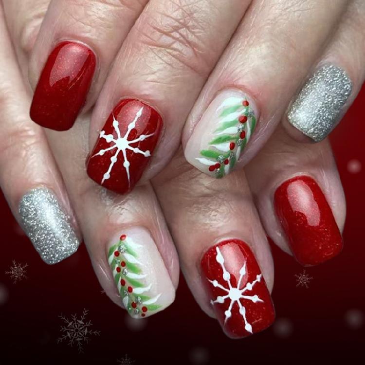 

24Pieces Holiday False Nail Set Glitters Snowflake Christmas Designs Instantly Application ABS Build For Festive Styles 1