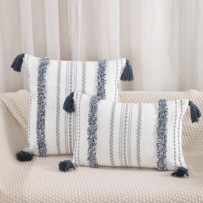 Cotton Yarn Jacquard Tufted Tassel Throw Pillow Cover Office Waist Cushion Home Sofa Bedside Cushion