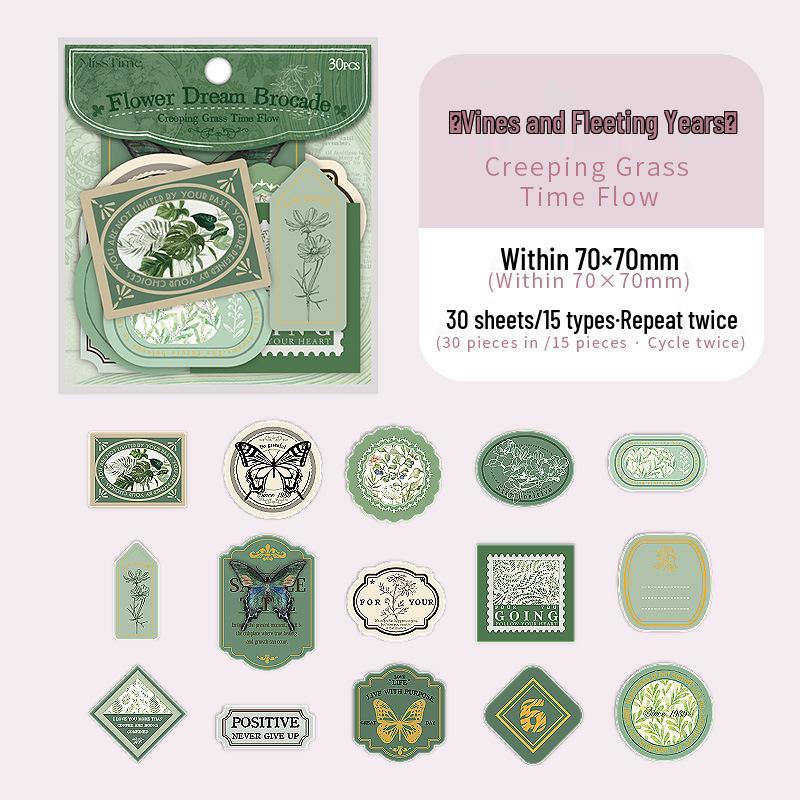 Flower Dream Brocade Sticker Pack: 30 Irregular Icon DIY Stickers, 6 Styles