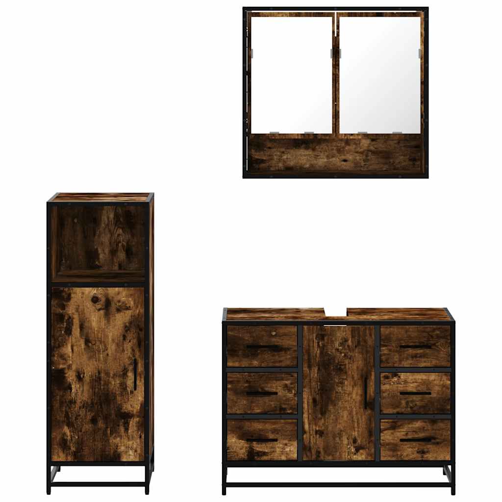 3 Piece Bathroom Furniture Set Smoked Oak Wood Based Material