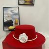 Hat Female Elegant British Top Hat Female Hepburn Style French Pearl Chain Flower Wool Flat Top Felt Hat Self-operated