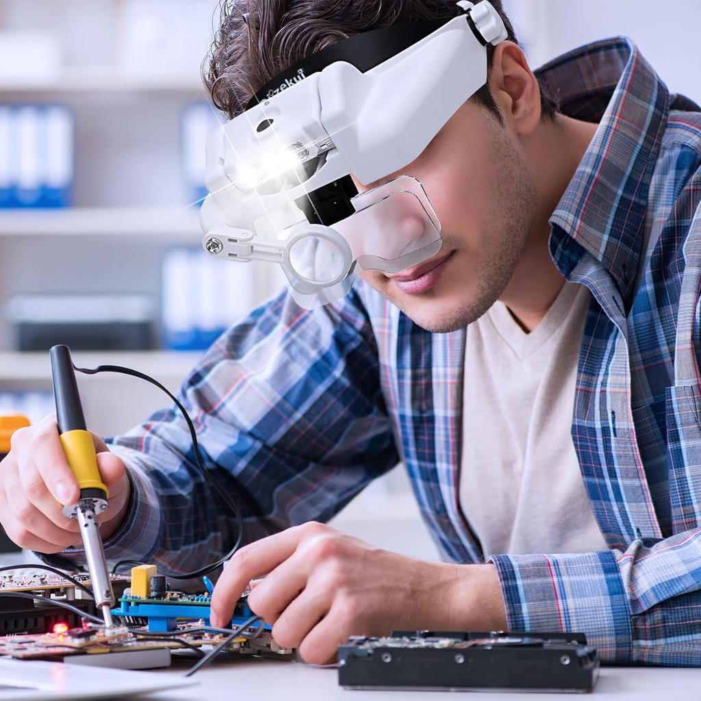 Headband Magnifying Glass with Light, Rechargeable Head Magnifying Glasses 1X to 14X, Magnifier Headset with 6 Detachable Lens, Hands Free Head Mount