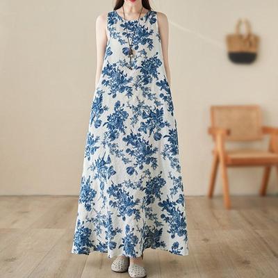 Ärmelloses Baumwoll-Vintage-Blumenkleid. Neue Kleider für Damen, lässig, locker, langes Sommerkleid, elegante Kleidung