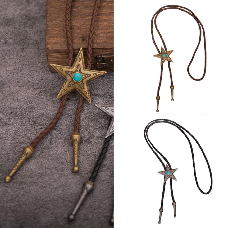 Classical Braided Leather Cord Bolo Tie with Metal Star Turquoises Pendant Western Vintage Necktie Shirt Collar Necklace