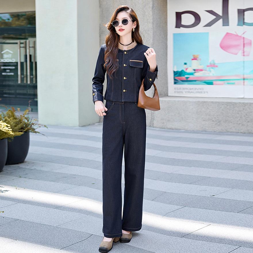 Early spring denim suit women's new spring and autumn fashion casual color matching design two-piece set