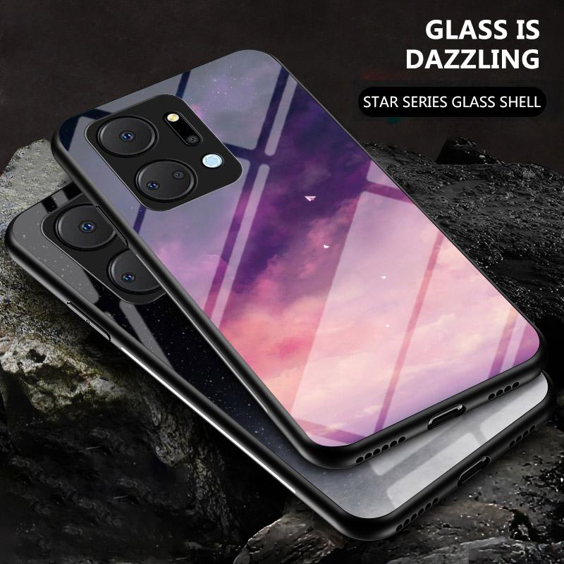 Mobile Phone Case for Honor X7a 5G,Starry Sky Pattern Tempered Glass+PC+TPU Smartphone Cover