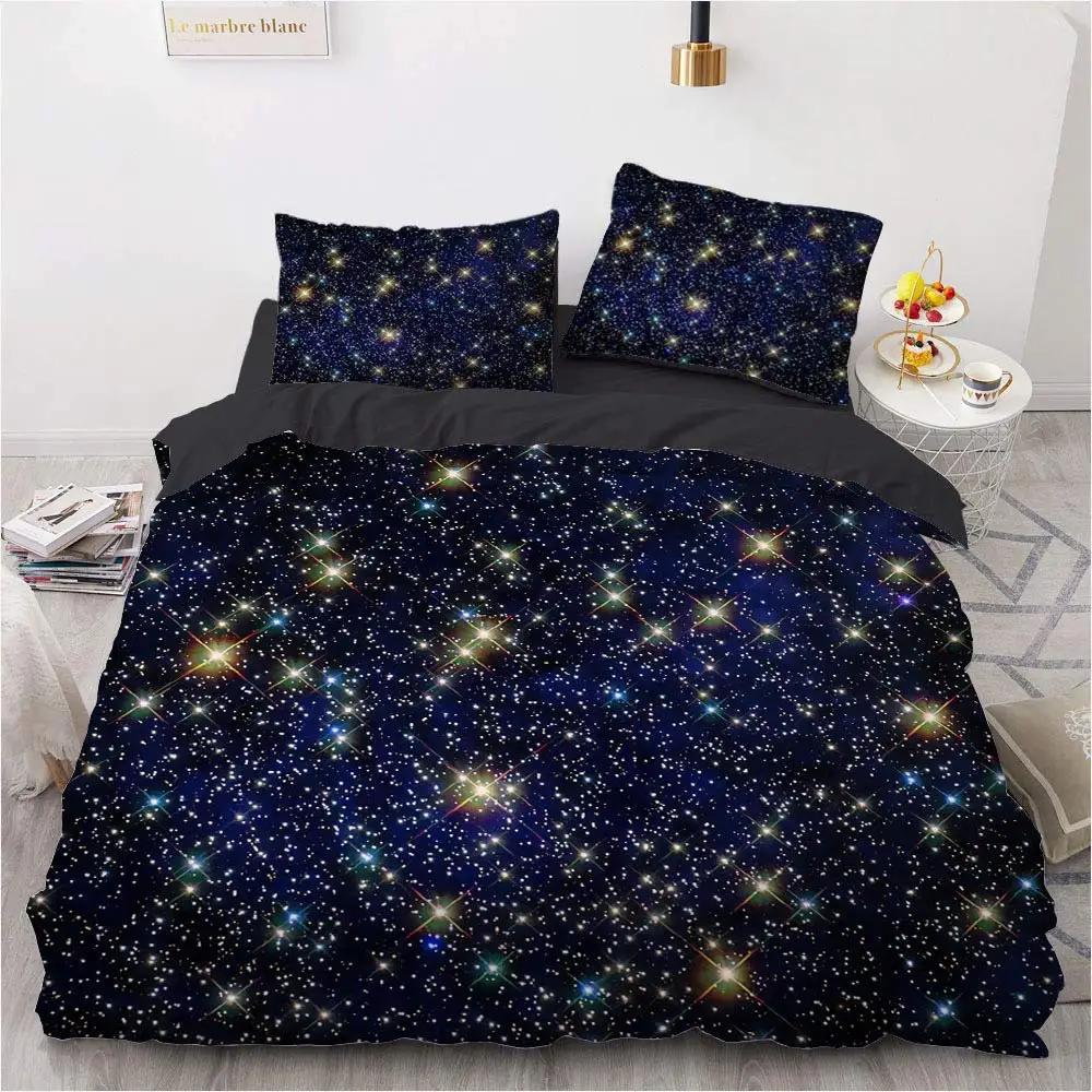 Starry Sky Night Duvet Cover Set Full Queen SizeCute Star Bedding Sets Black Galaxy Comforter Cover Set With Pillowcases 2/3Pcs