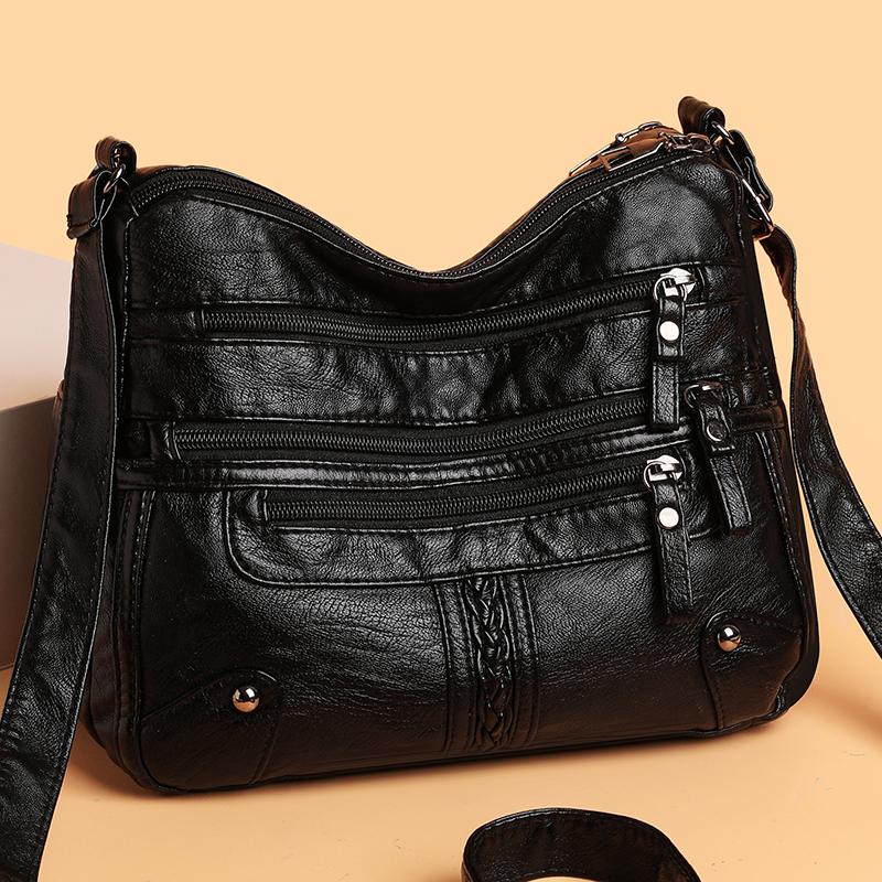 Multi-Pocket-Muttertasche mittleren Alters Große Kapazität Mehrschichtige Umhängetasche aus weichem Leder für Damen