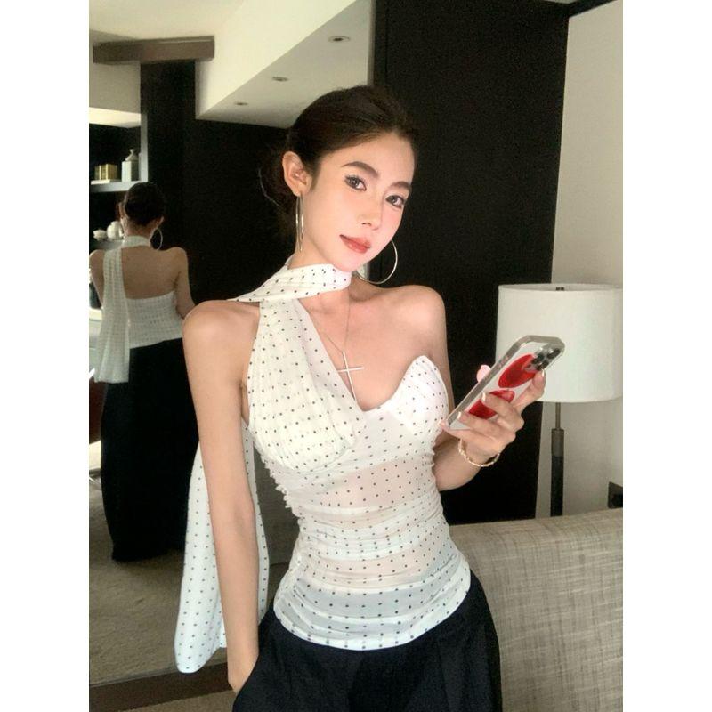 Kumikumi Pure Desire Style Design Sense Polka Dot Sexy Halter Top Women clothes Summer Slim fit Slimming Versatile Top