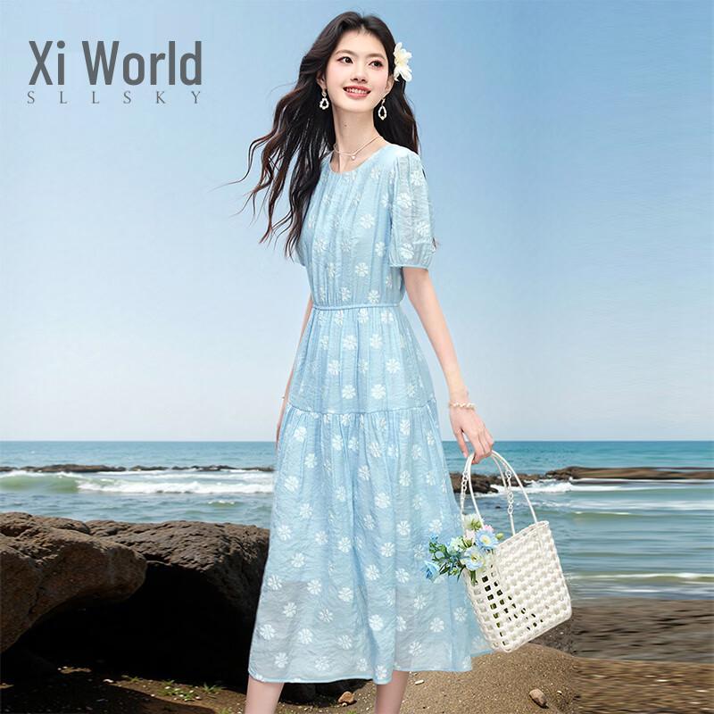 SLLSKY Women s French Jacquard Puff Sleeve Dress S