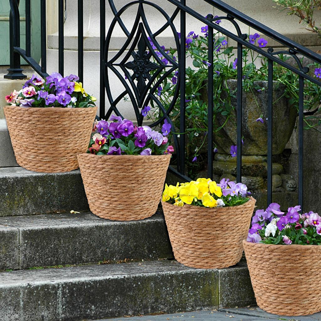 4Pack Large Woven Seagrass Planter Basket With Plastic Lining Stylish Planter Baskets Indoor Outdoor Plants Woven Wicker Baskets
