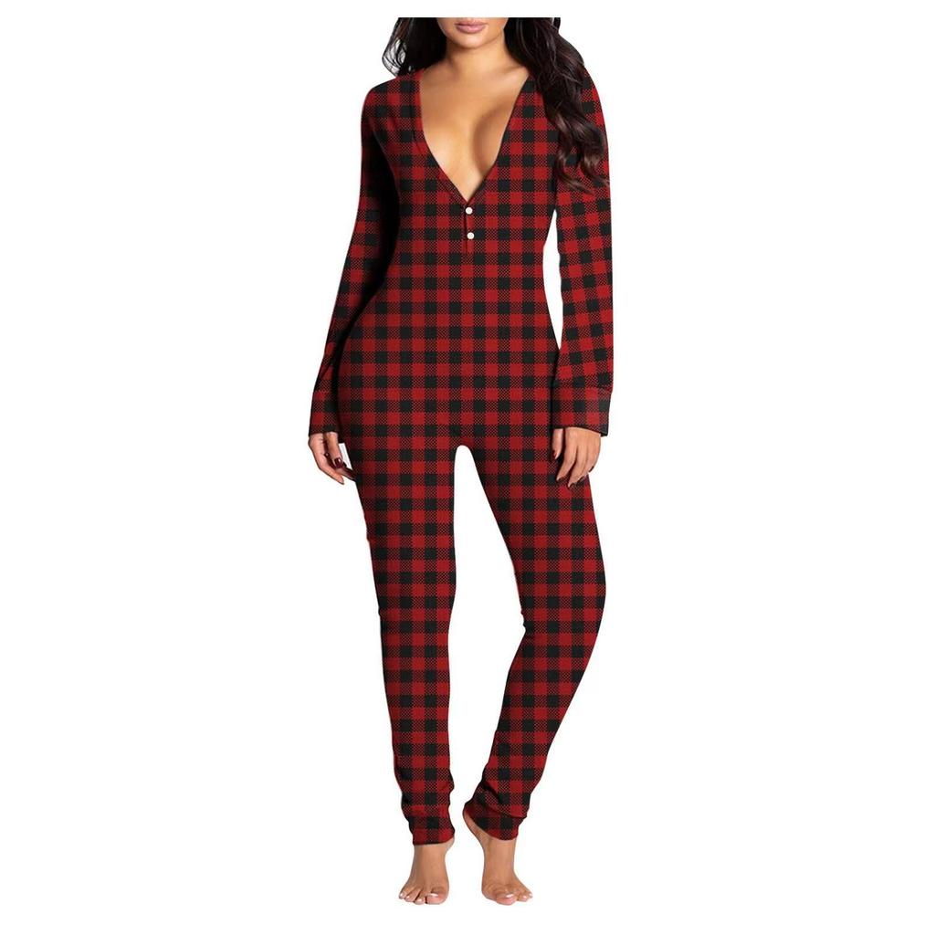 2023 Europäischer & Amerikanischer Weihnachten Langarm Knopfleiste Bedruckter Erwachsenen Jumpsuit