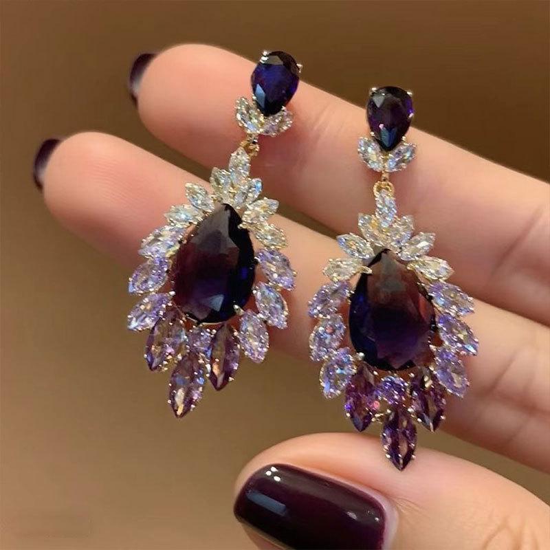 Purple Gas Donglai Full Of Diamond Fringed Earrings Temperament Exaggerated Earrings Retro Light Luxury High Sense Atmospheric Earrings Women