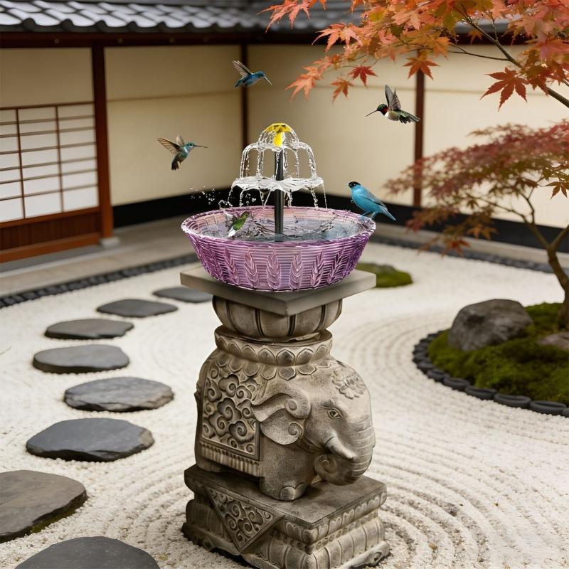Plastikowa fontanna solarna do ogrodu, poidełko dla ptaków, z dynamicznym strumieniem wody tworzącym hipnotyzujące kaskady