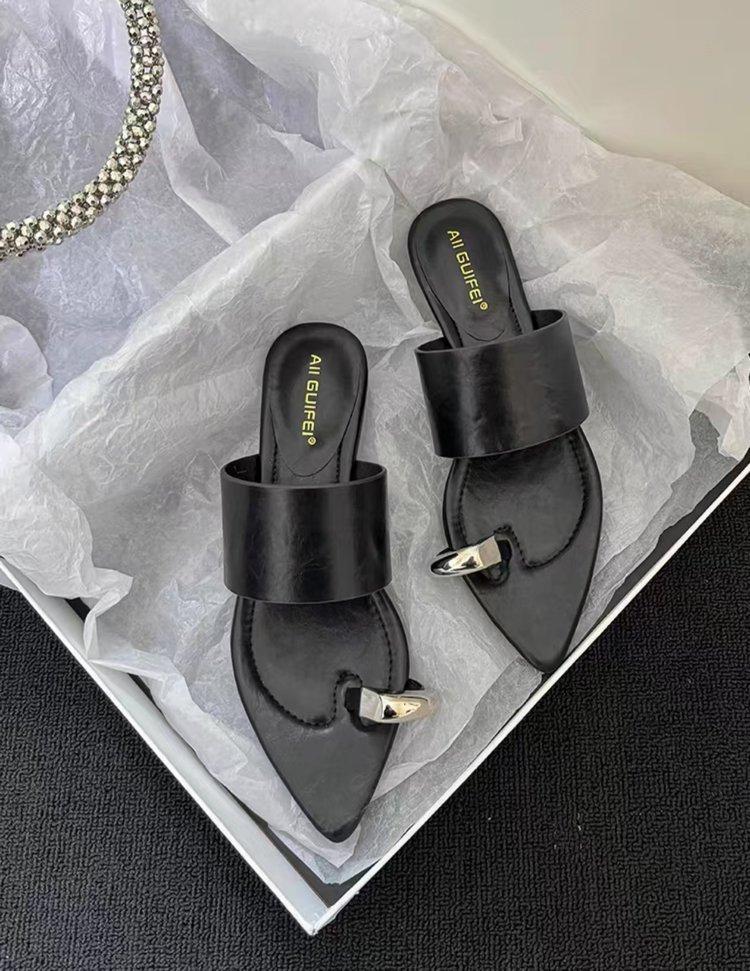 French Metal Buckle Silver Casual Toe Slippers Slope Heel Flat Sandals Women's 2025 Spring and Summer New Cool Slippers