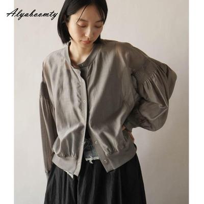 Korean Style Women's Thin Baseball Jacket White Gray Blue Black Khaki See-Through Sun Protection Air-con Cardigan Breathable Summer Daily Cardigan