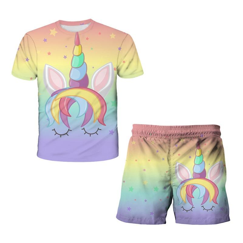Unicorn Fashion Cute Girl Top T-shirt Short Sleeve+Shorts Two Piece Set Girls' and Children's Top Short Sleeve