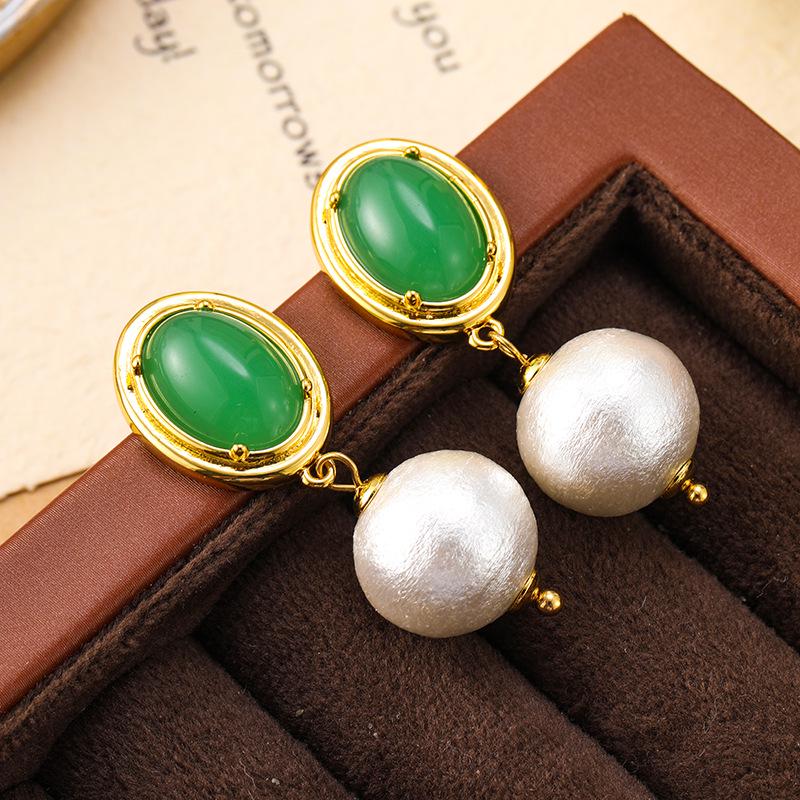 French Baroque Natural Green Agate Cotton Bead Earrings