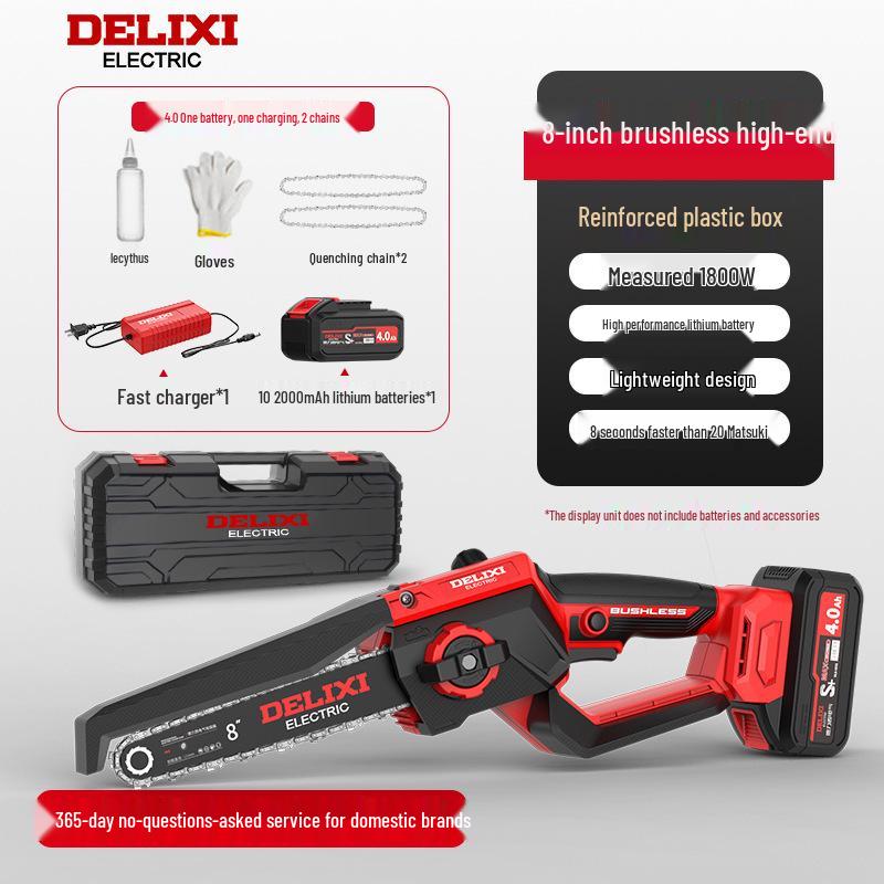 Delixi Cordless Brushless Electric Chainsaw: High-Power, Handheld Lithium Battery Saw for Home Tree Cutting.