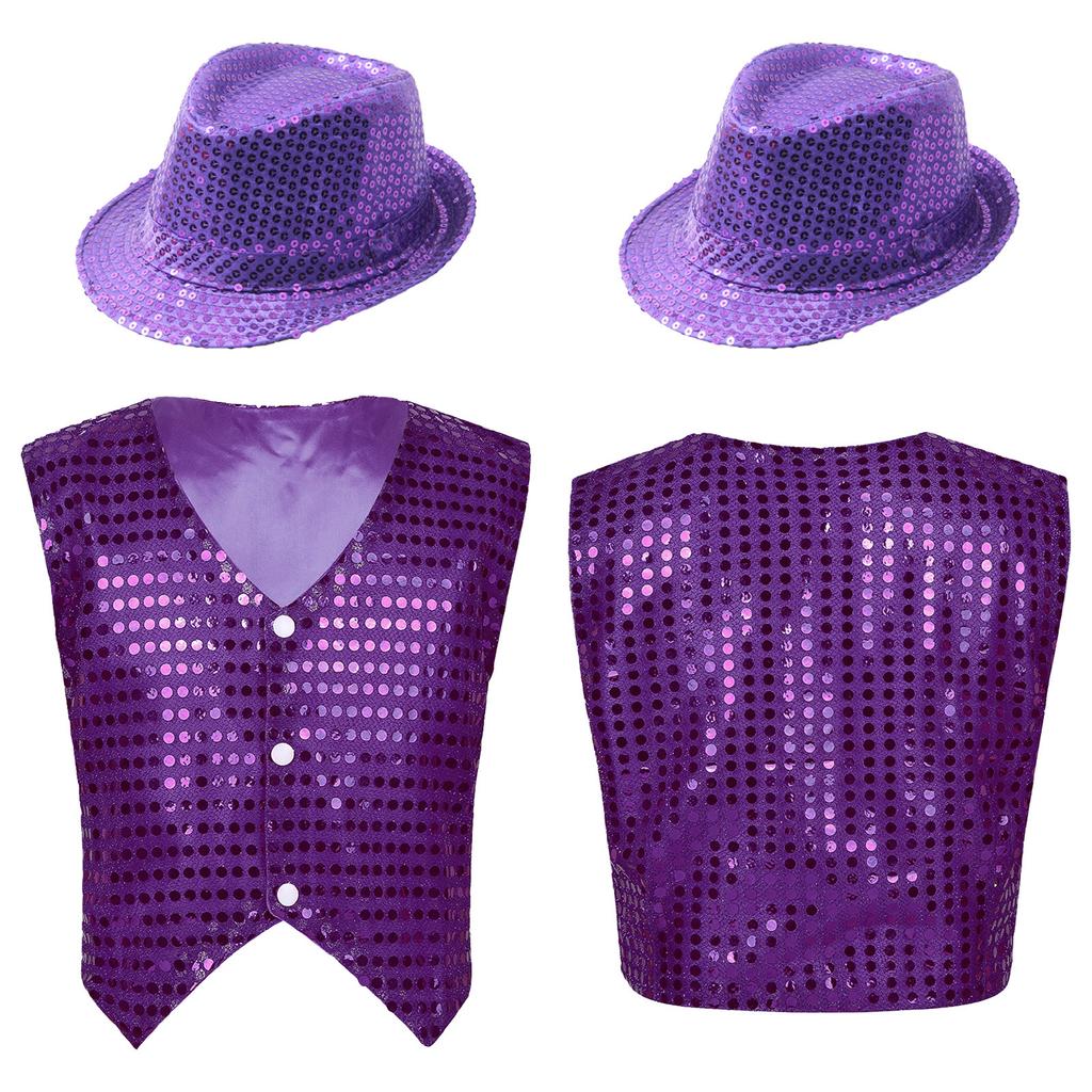 Kids Boys Glittery Sequined Waistcoat with Hat for Jazz Dance Stage Performance Costume