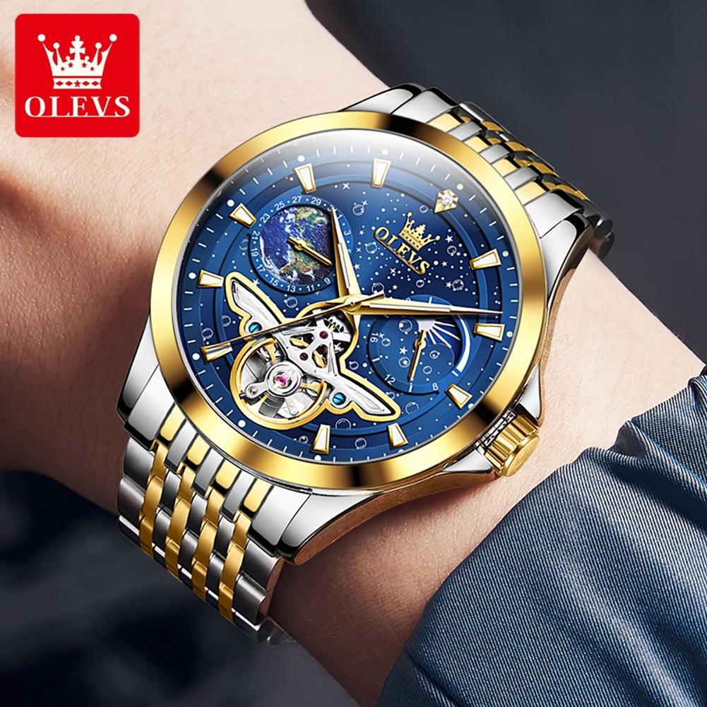 OLEVS 6705 Luxury Man Watch Fashion Skeleton Flywheel Moon Phase Starry Sky Original Automatic Mechanical Wrist Watches for Men