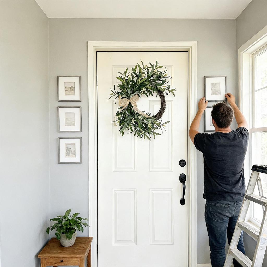 Summer Wreath Olive Leaves UV Resistant Bow Artificial Door Wreath Spring Decor Rustic Realistic Olive Leaves Indoor Outdoor