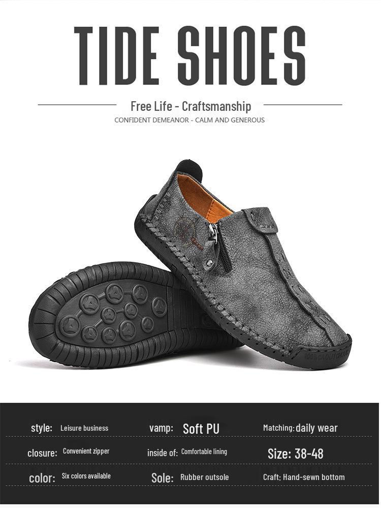 2023 Spring Men's Plus Size Leather Slip-On Casual Shoes with Zipper